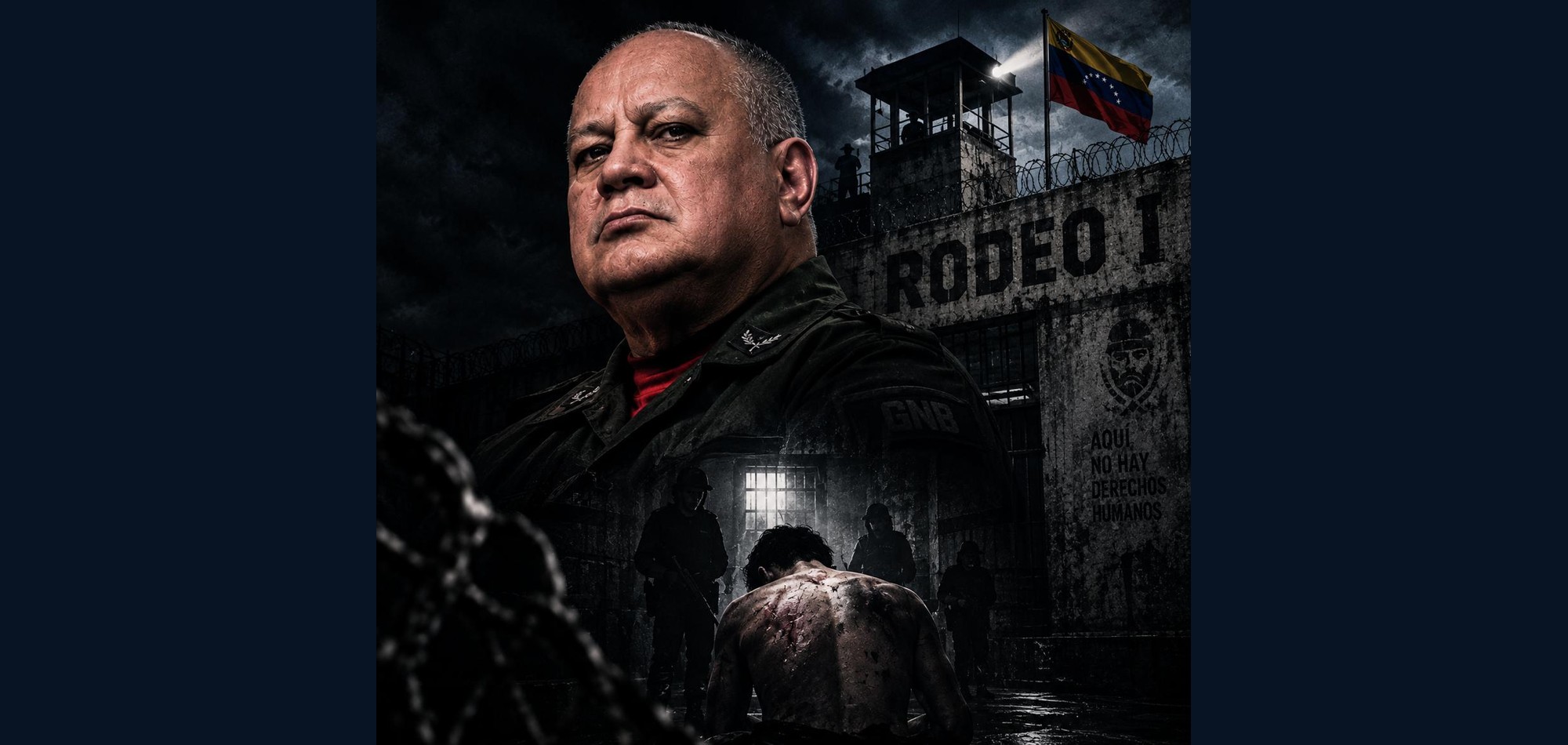 Diosdado Cabello frente al centro penitenciario El Rodeo I, señalado por denuncias de tortura bajo control de la DGCIM en Venezuela